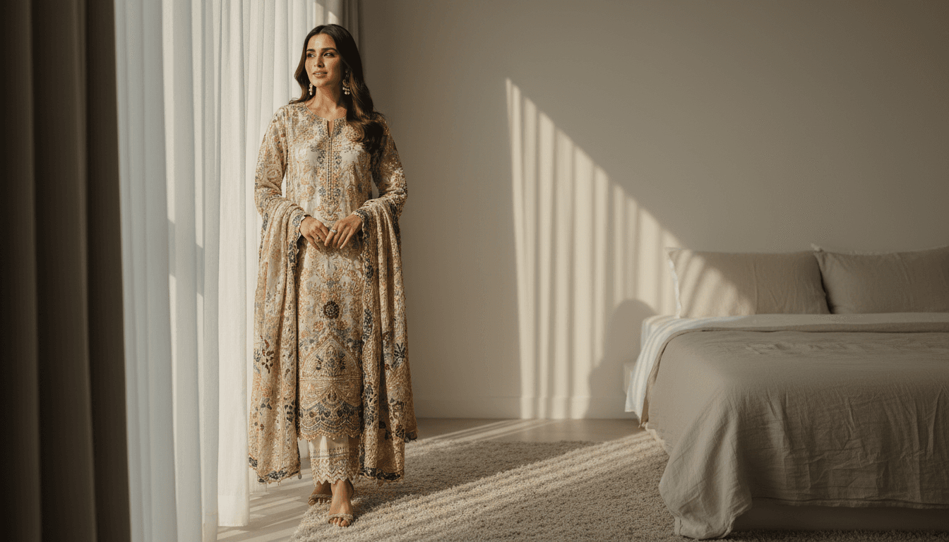 Lunara Nisa-এর এক্সক্লুসিভ থ্রি-পিস কালেকশন পরিহিত একজন আত্মবিশ্বাসী নারী